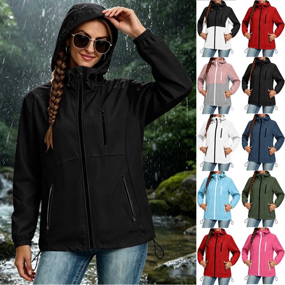 Womens Rain Jacket Solid Color Thin Jacket Long-sleeved Hooded Sunscreen And Waterproof Outdoor Hiking Sports Drawstring Hood for Biking Running Golf