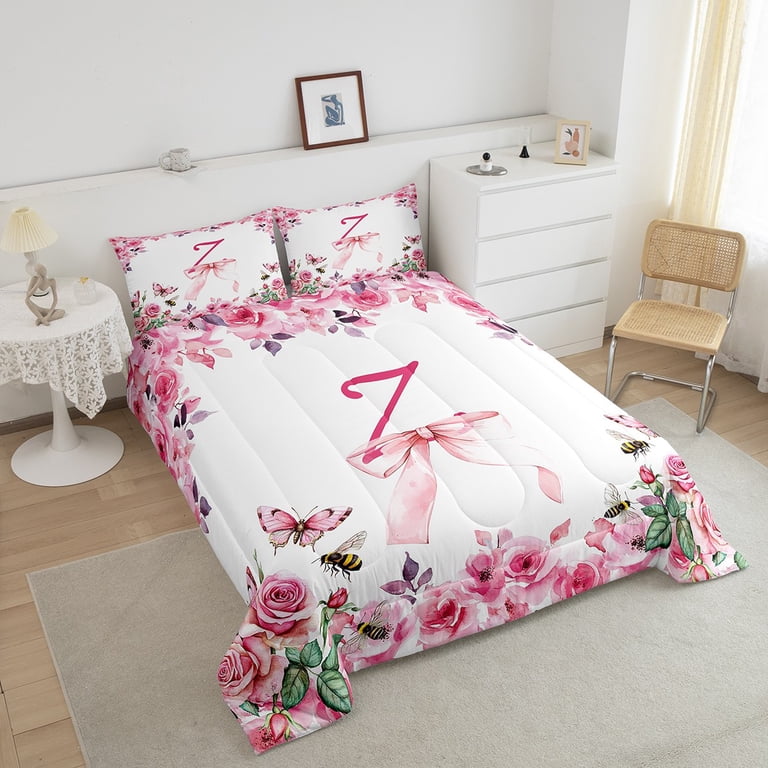 Floral Initial Letter Z Comforter Set,Twin Initial A-Z Bedding Set