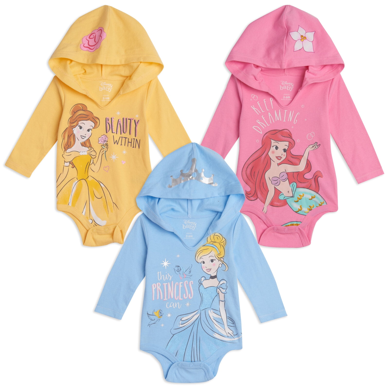 Disney Princess Belle Cinderella Ariel Newborn Baby Girls 3 Pack
