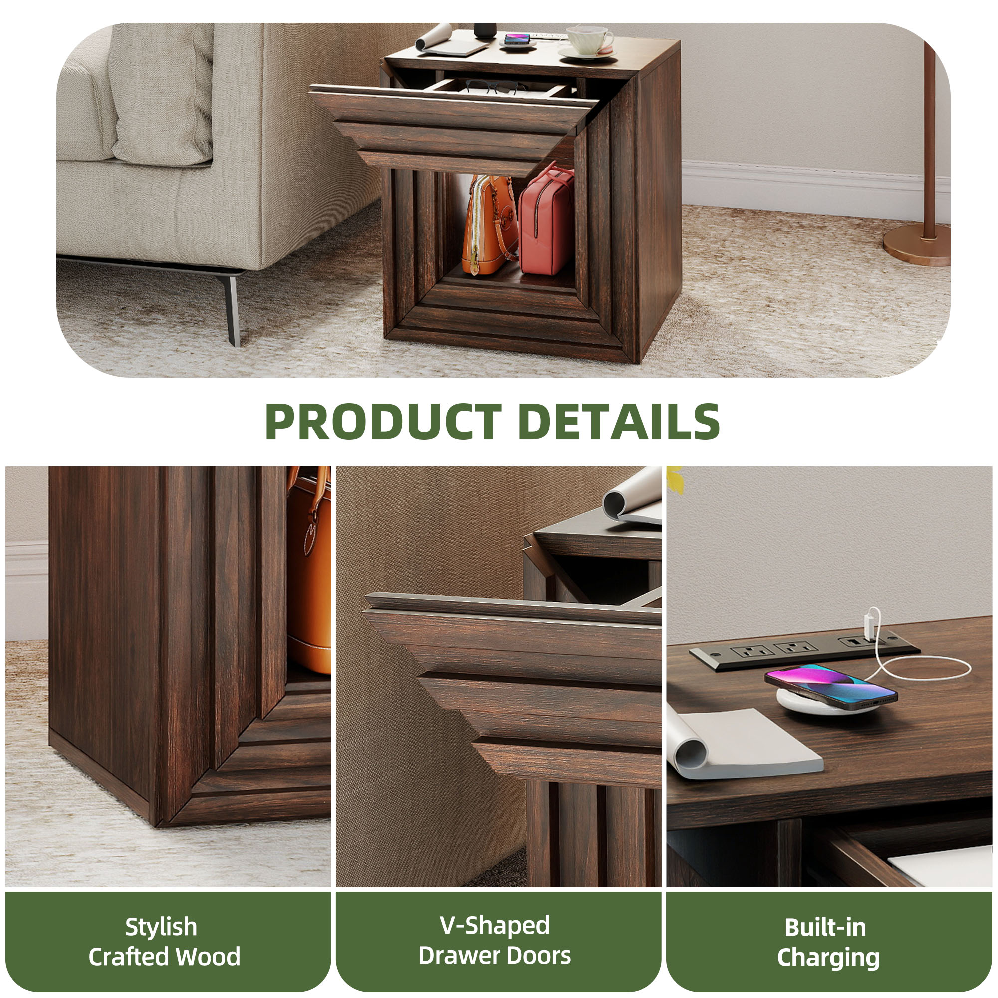 Uforic Square End Table with Charging Station & Storage Drawer, Rustic Side Table, Walnut