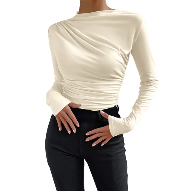Yubnlvae Chemise de Base Ajustée Unie Beige pour Femmes avec Manches Longues Plissées, TTG
