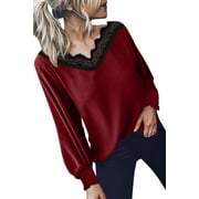 Women Red V Neck Lace Patchwork Red Blouse