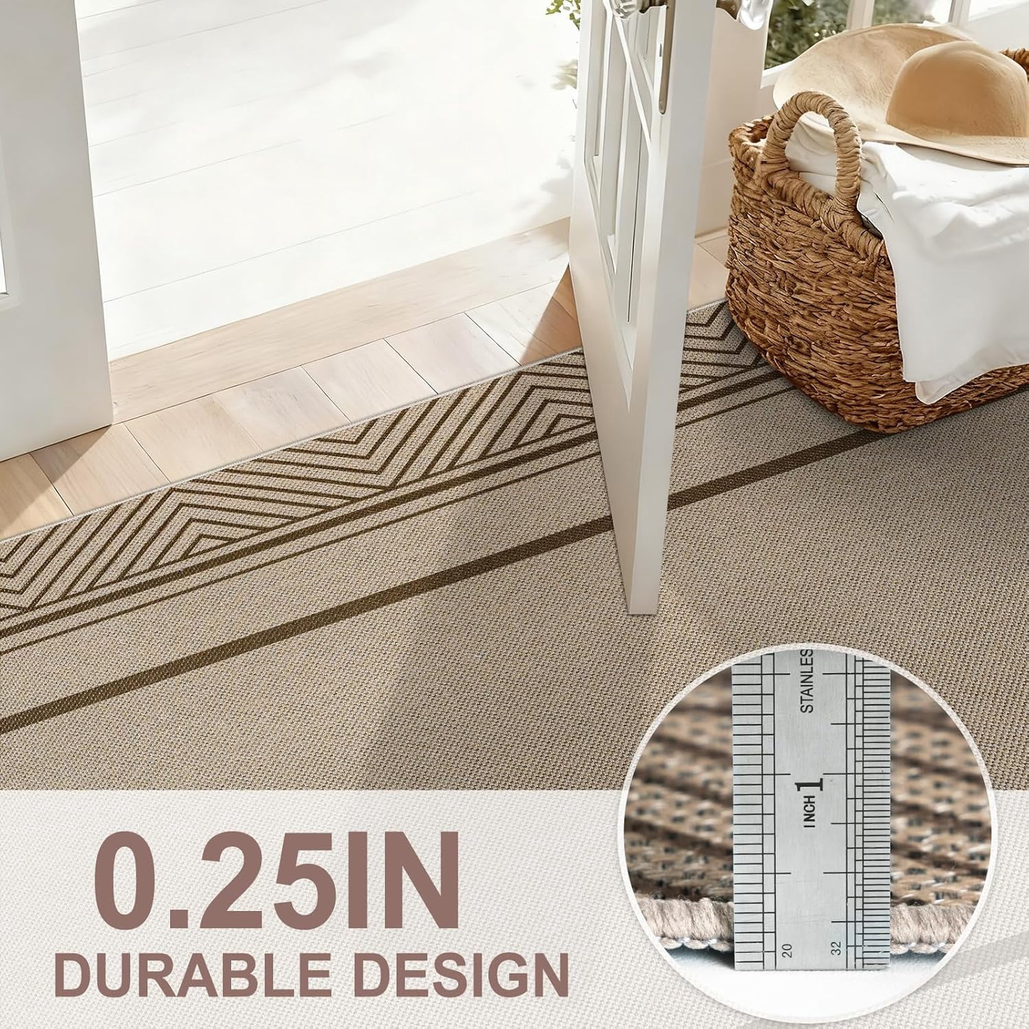 ORGOWEL Easy Jute Door Mat 3*5ft Washable Geometry Line Doormat Non-Slip Absorbent Indoor Outdoor Mat Stain Resistant Low Profile Floor Mat for Entryway Bedroom Patio,Brown