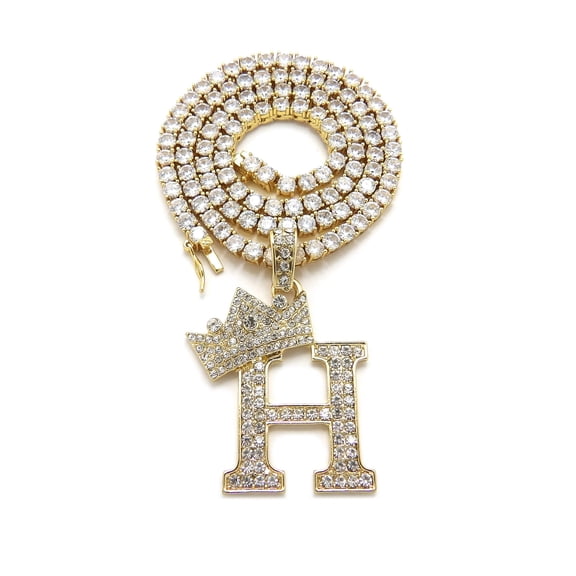 iJewelry2 Kings and Queens Crowned Initial Letter H Pendant Gold-tone CZ Tennis Chain Necklace 18''