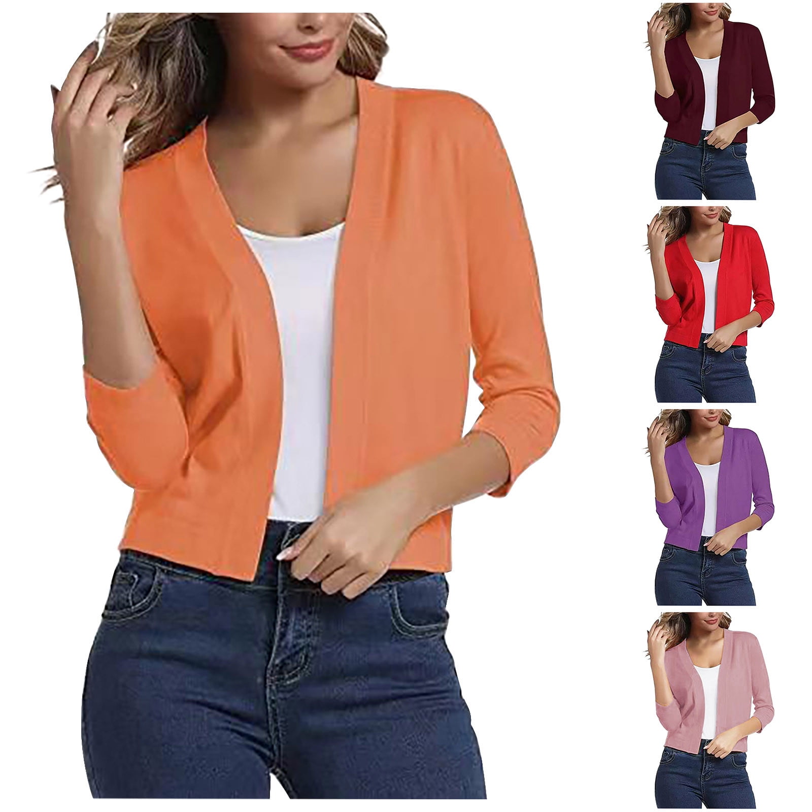 APEXFWDT Women's Cropped Cardigan 3/4 Sleeve VNeck Open Front