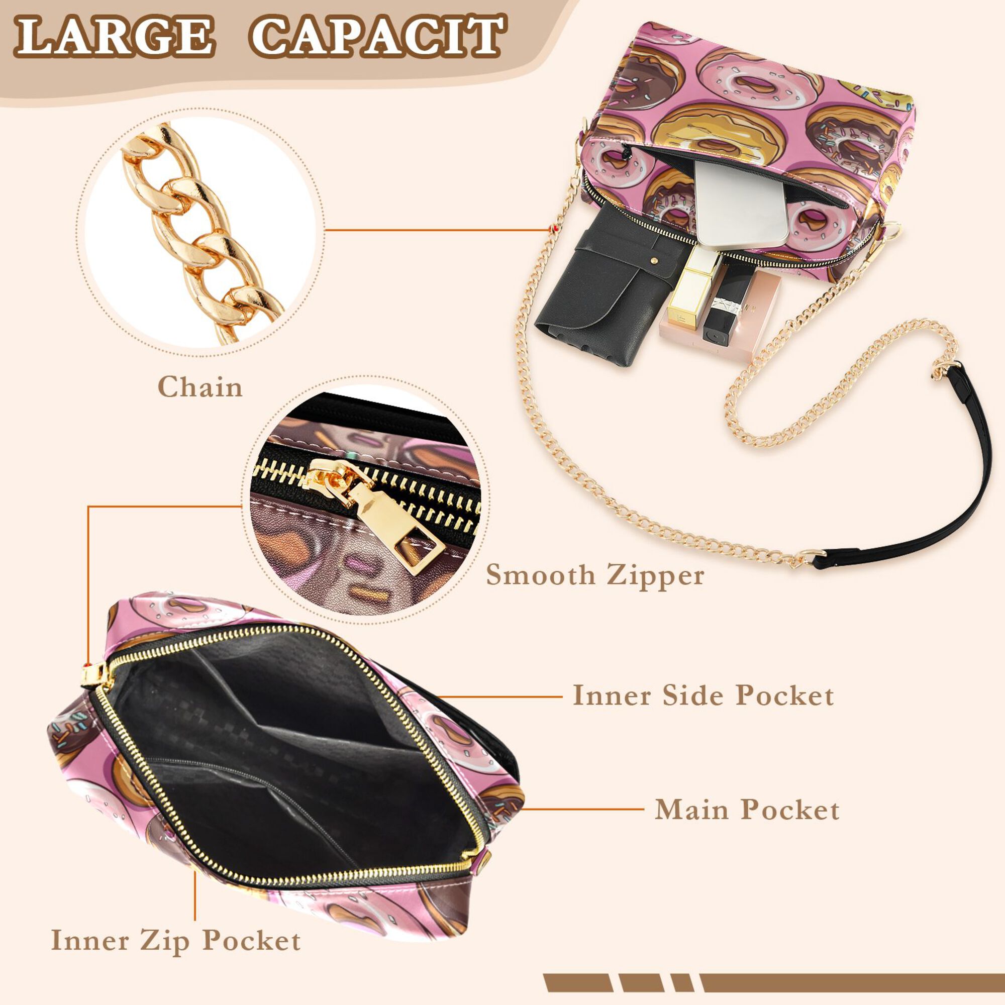 FORMRS Women Crossbody Purse with Chain Strap Vegan Leather Shoulder Handbag, Cute Doughnuts Pattern