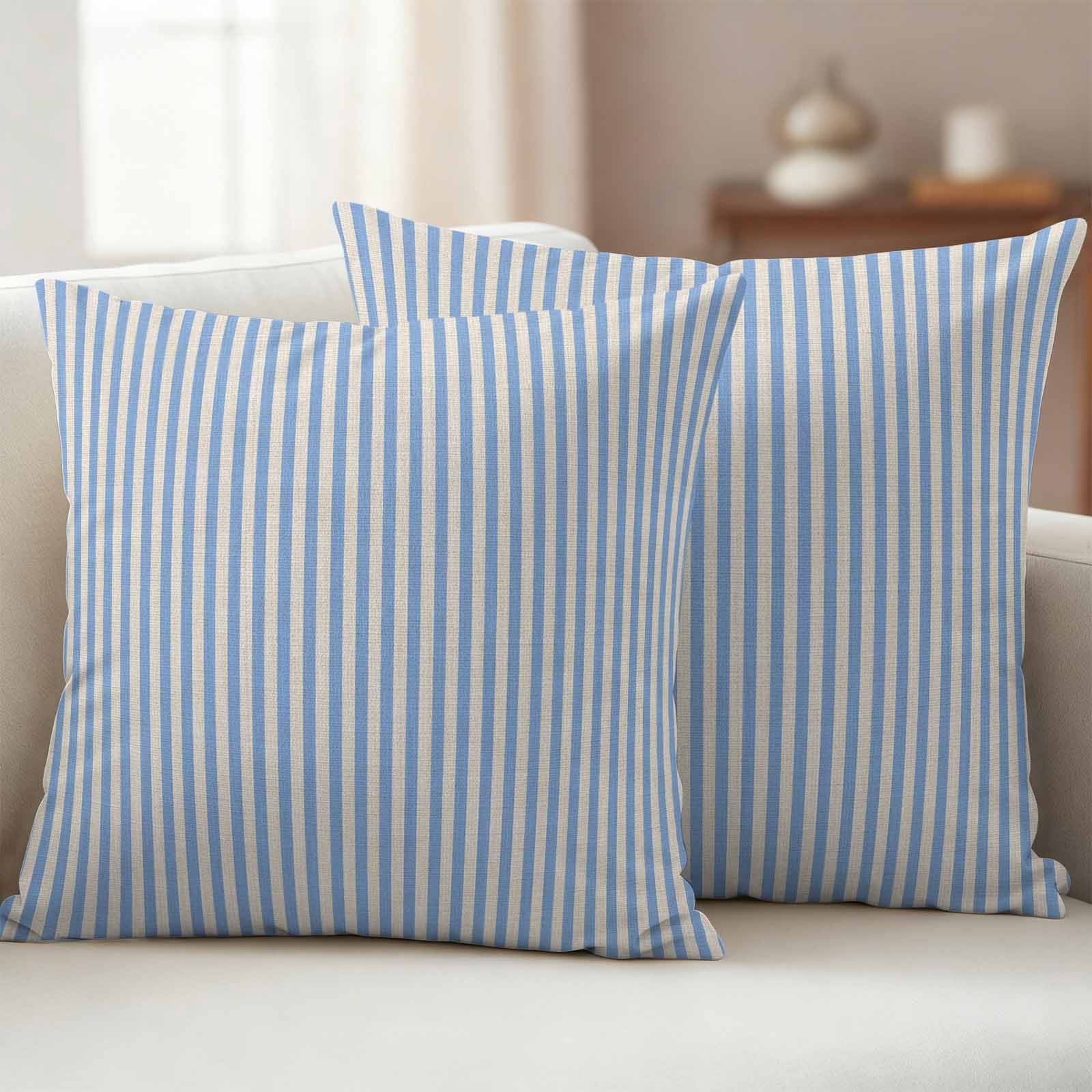 Waterproof Throw Pillow Covers 16x16 Set of 2, Modern Blue Striped on Linen Outdoor Pillowcases with Invisible Zipper, Vintage Vertical Stripes Decorative Cushion Covers for Patio Garden Sofa Couch