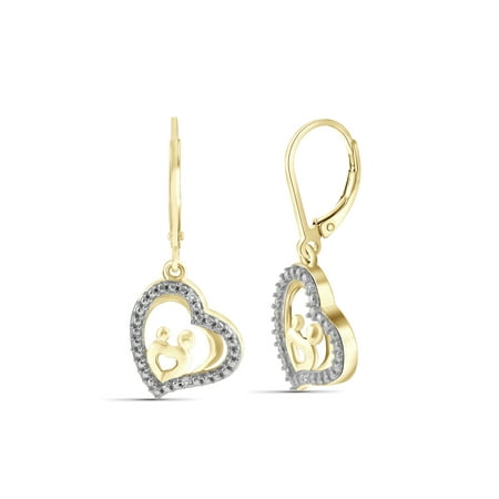Gold Dangling Heart White Diamond Accent 14k Gold Over Silver Mother and Child Heart Dangling Earrings ()