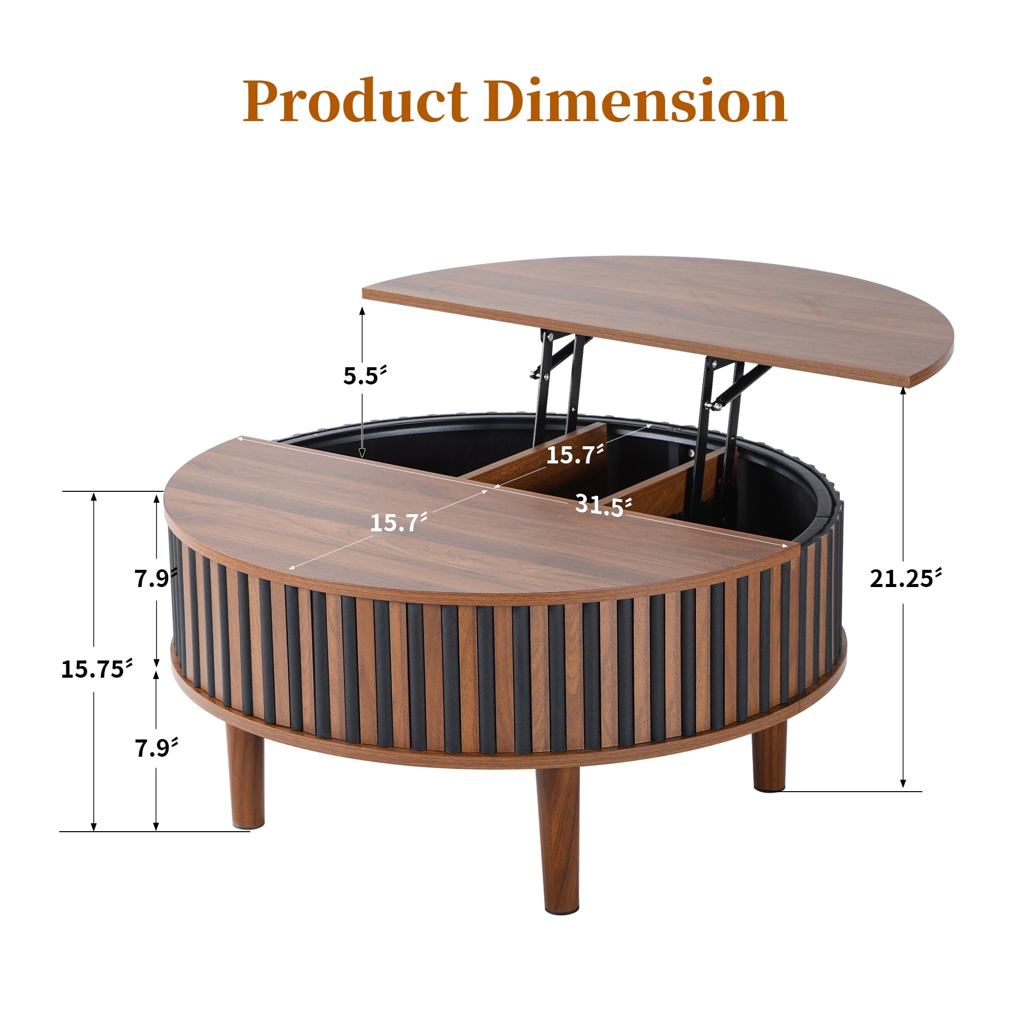 MIYZEAL 31.5" Round Lift Top Coffee Table with Storage, Fluted Mid Century Modern Wooden Center Table with Hidden Compartment, Coffee Table for Living Room, Apartment, Office（Walnut Black）