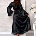 thumbnail image 3 of Satin Pajama Nightgown Robe for Women Lace Trim Bell Long Sleeve Plus Size Sleepwear Night Dress Robe with Belt (Small, Black), 3 of 3