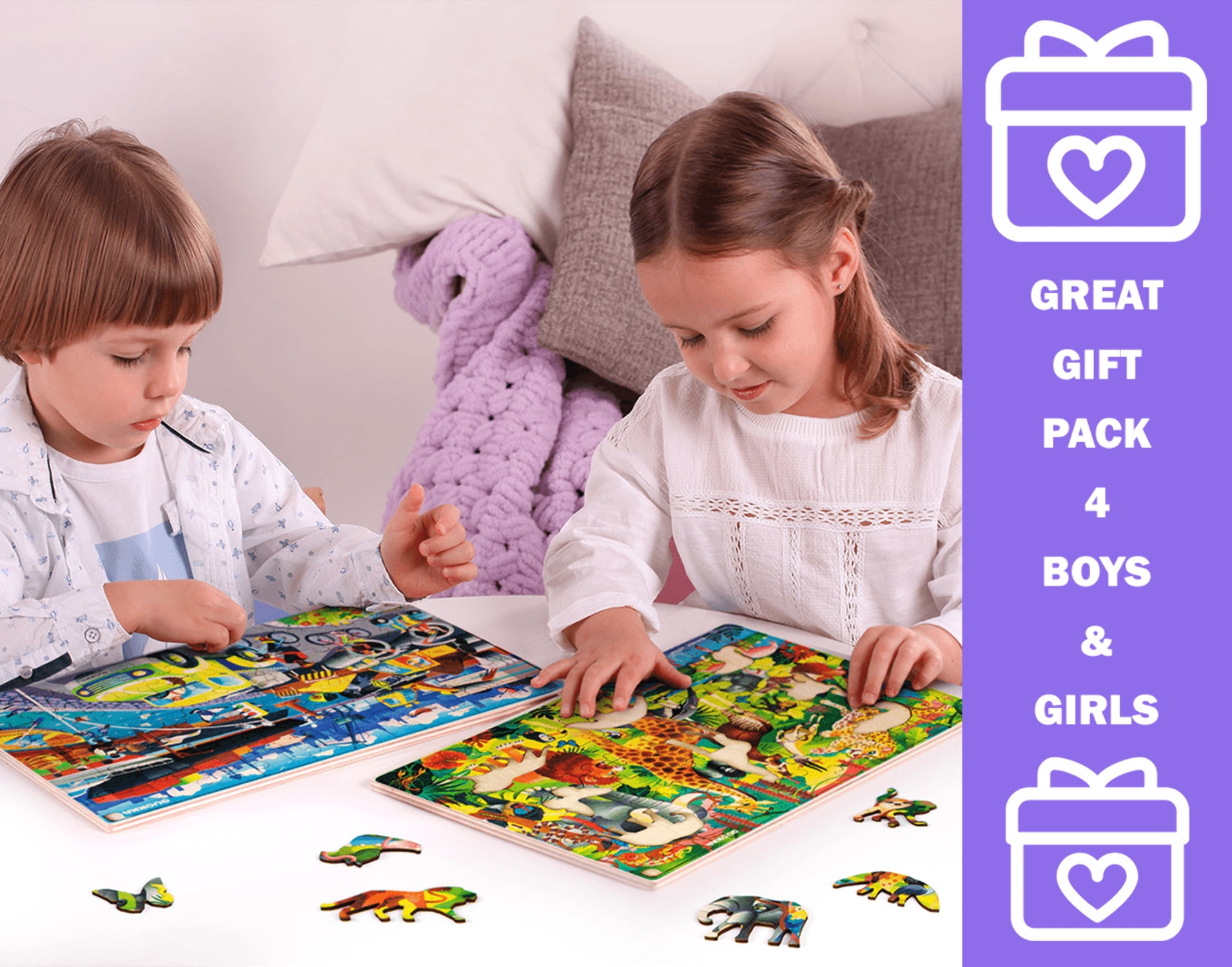 QUOKKA Wooden Kids Puzzles Ages 4-6 – 4 x 60 Piece Puzzles for Kids Ages 4-8