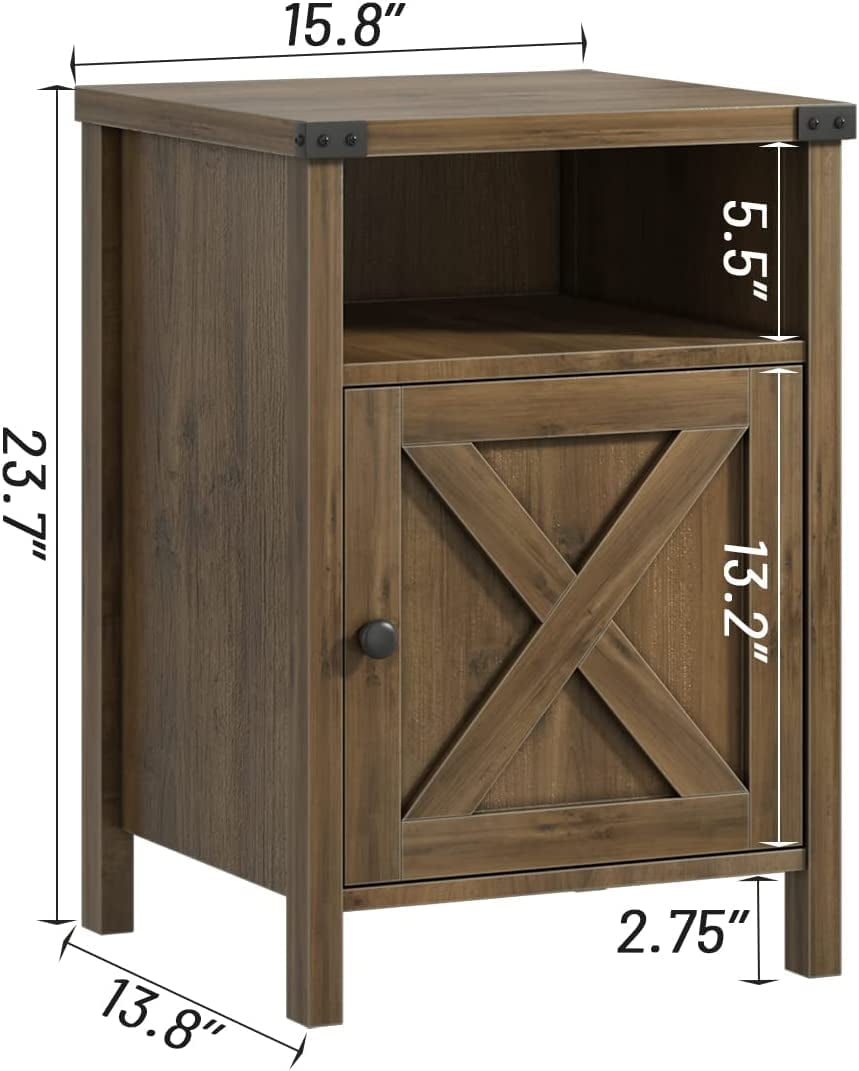 4 EVER WINNER Farmhouse Barn Door Side Table, Rustic Oak End Table with Barn Door Storage, Industrial Side Table for Living Room