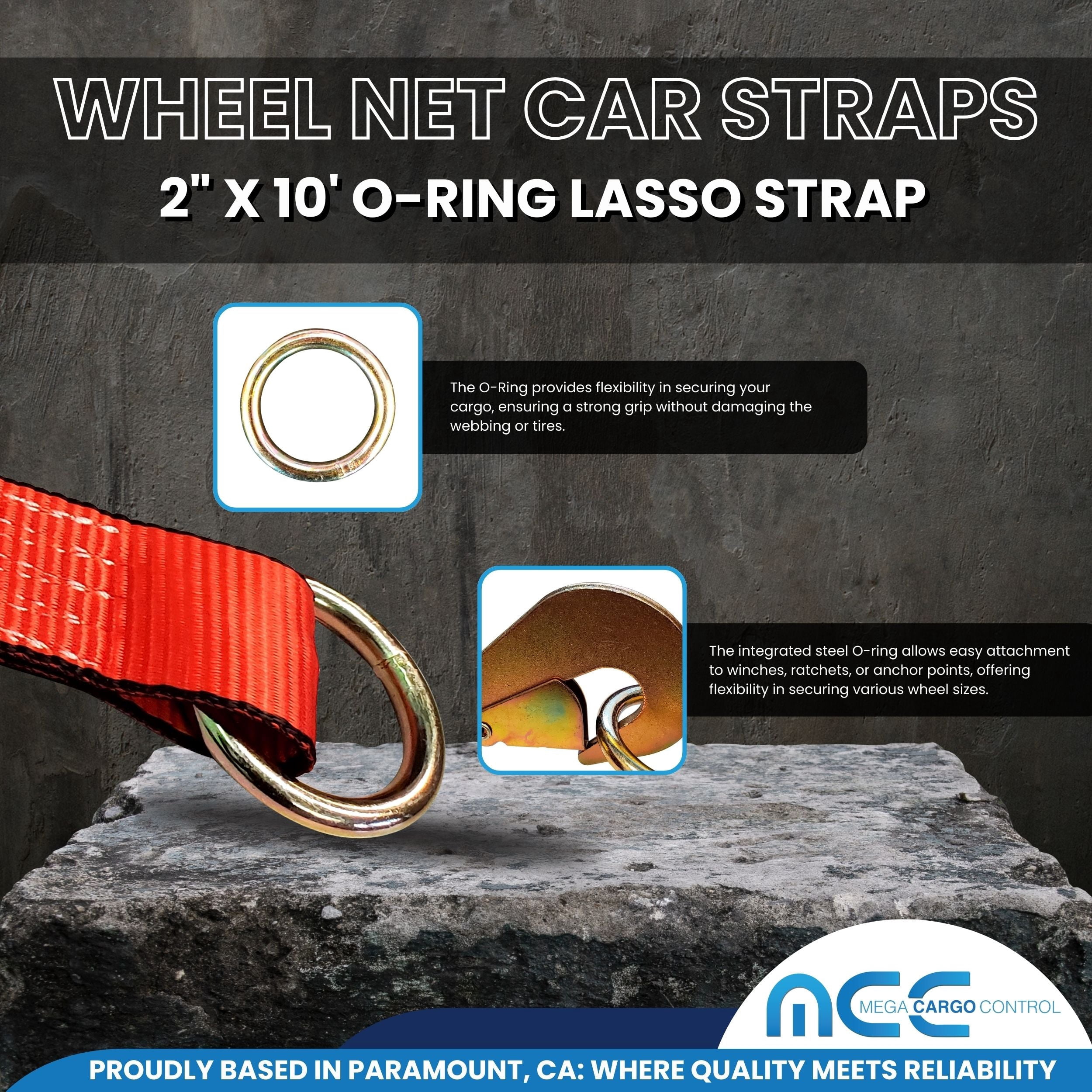 Mega Cargo Control Side Mount Wheel Net Straps with Swivel J Hook Ratchet Buckles, 2" x 10' O-Ring Lasso Strap, 4 Pack, Red