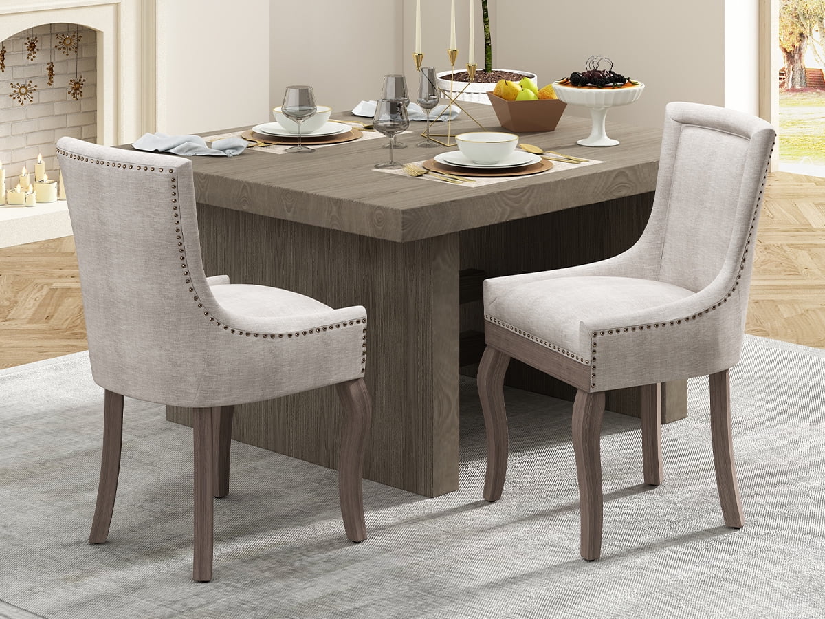 Beige Thickened Fabric Dining Chairs Set of 2, Kitchen & Dining Room Chairs Set of 2, Upholstered Dining Chairs, Solid Wood Frame (Beige, 2 Pcs)