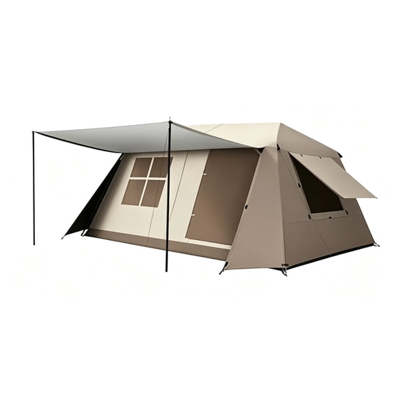 Instant Cabin Tent, 5-8 Person Camping Tent, 60S Quick Setup Family Camping Tent with Rainfly and Extended Canopy, Weather Resistant Tent with Mesh Windows and Doors for Outdoor, Backyard, Mocha