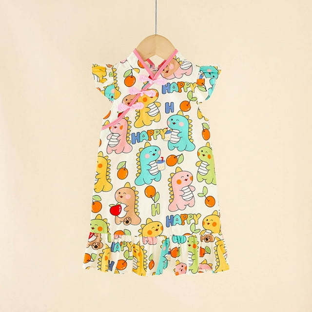 Robe Fille Été Style Chinois Manches à Volants Robe Décontractée Légère Respirante Imprimé Mode Rose 5 Ans-6 Ans