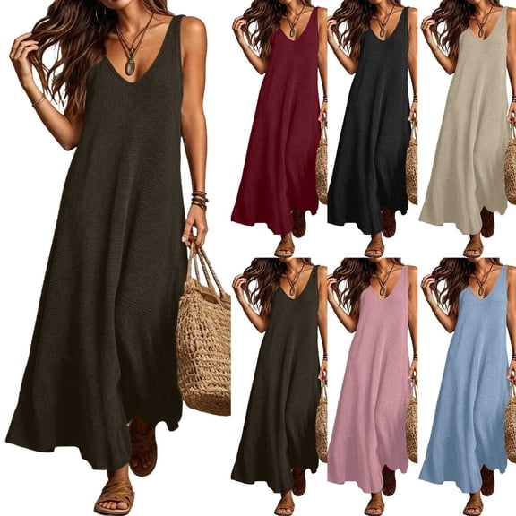ChaoHeng Summer Dresses for Women 2026 Solid Knit V Neck Sleeveless Lightweight Casual Sweater Dress Black S