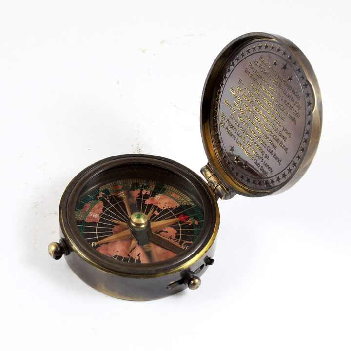 Antique Nautical Brass Pocket Compass with Engraved Text Metal and Alloy Leather Case