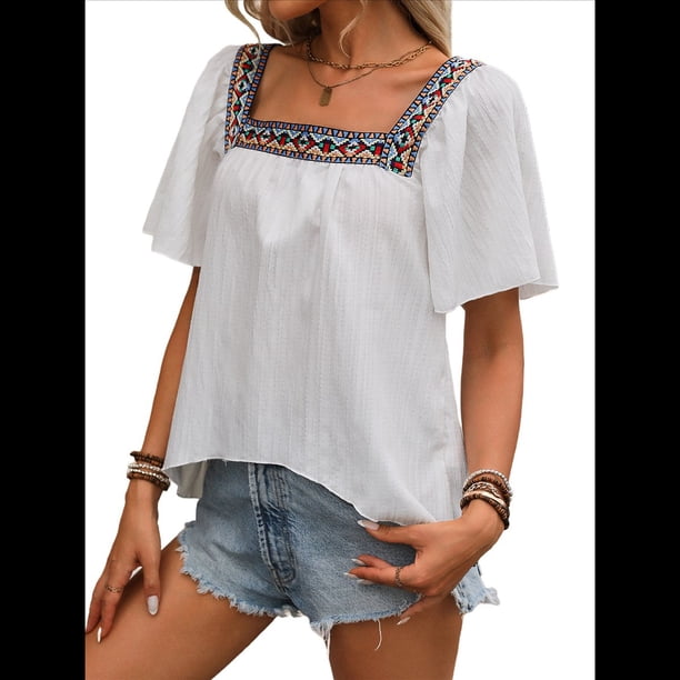 Camisas Mexicanas para Mujer, Estilo Bohemio, Bordadas, de Corta con Mariposa y Cuello Cuadrado, Blusas Holgadas. M