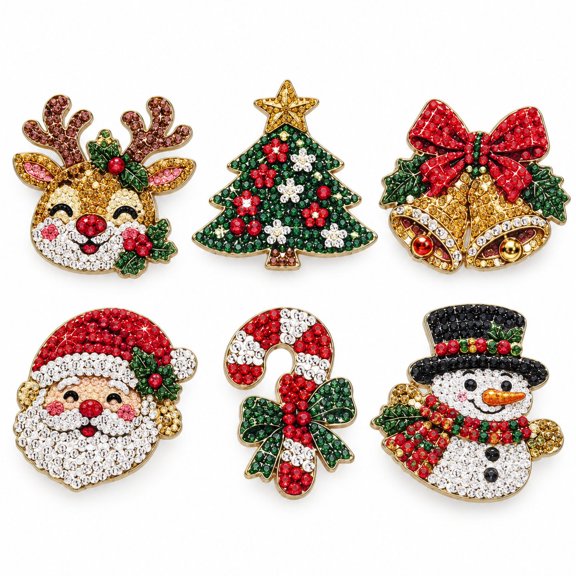 Christmas Diamond Art Brooch Kit - DIY Rhinestone Pin Set for Holiday Crafts - 6 Piece Set