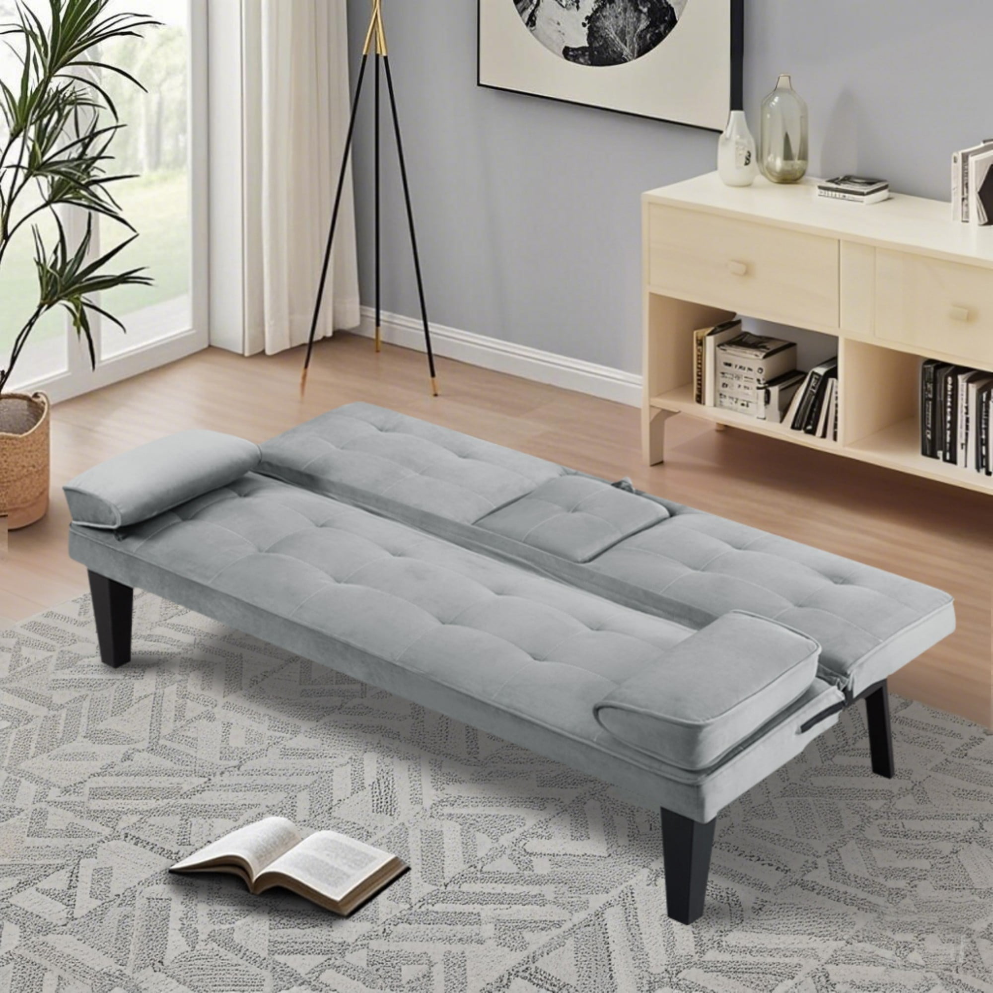 BSHTI 65" Modern Velvet Futon Sofa Bed with Drop Down Cup Holders, 3-Position Adjustable Backrest, Removable Arm Cushions, Chrome Legs for Living Room & Guest Room Light Grey
