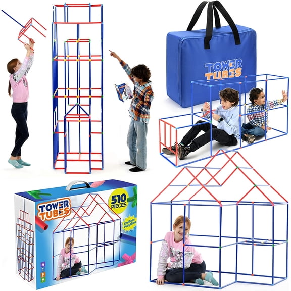 TOWER TUBES Building Toys 510 Piece, Stem Fort Building Kit for Kids 7 Sturdy Construction Fort Builder, Indoor and Outdoor Building Toy