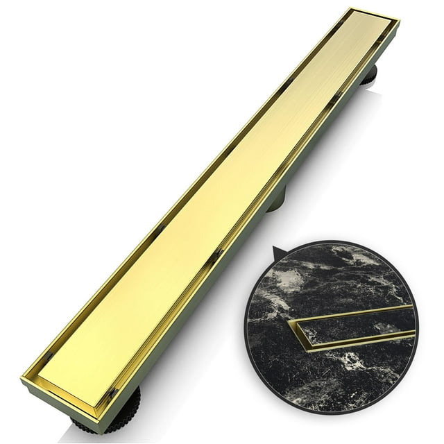 WEBANG 24 Inch Linear Shower Drain Rectangular Floor Drain with Accessories Reversible 2-in-1 Cover Tile Insert Grate Removable SUS304 Stainless Steel CUPC Certified Brushed Gold