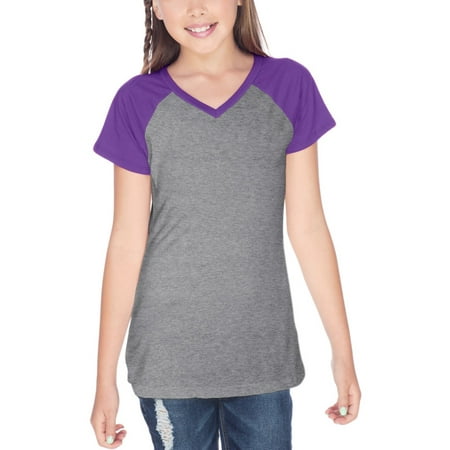 Kavio! Big Girls 7-16 Sheer Jersey Contrast V Neck Raglan Short Sleeve Dark Heather Gray/Grape Large