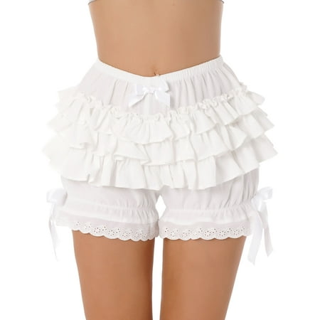 TiaoBug Women s Lace Trim Layered Ruffle Bloomers Pettipants Dance Bloomers Frilly Shorts White L