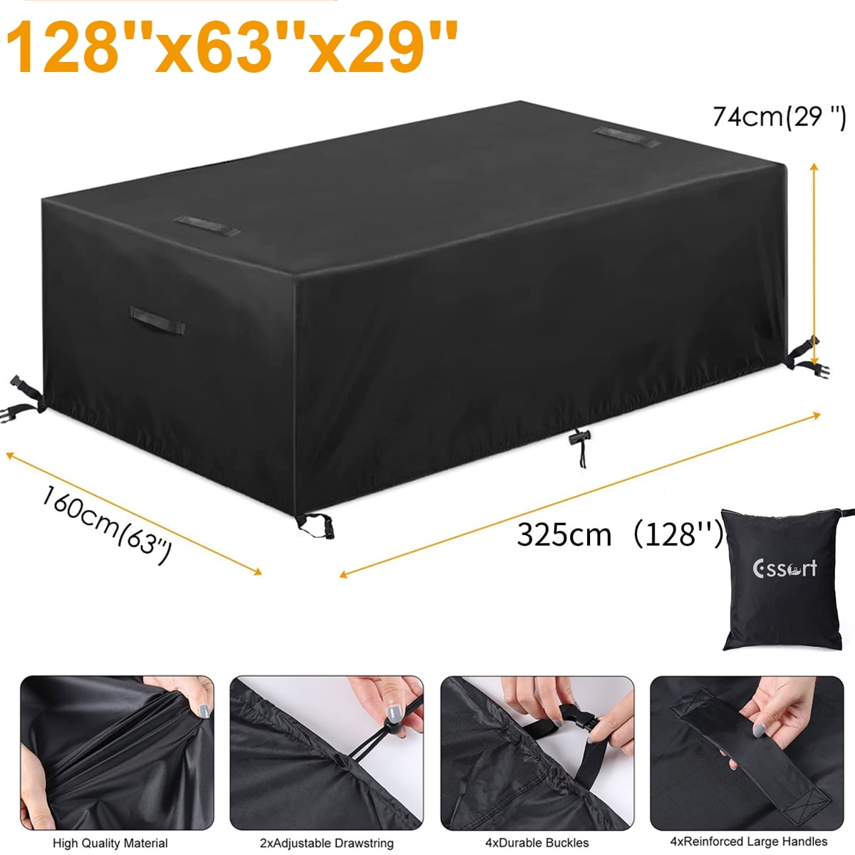 Patio Furniture Cover 128x63x29 inches Patio Cover 420D Waterproof Outdoor Chairs Table Cover for 8-12 Seater Outdoor Furniture UV Protection Cover Black