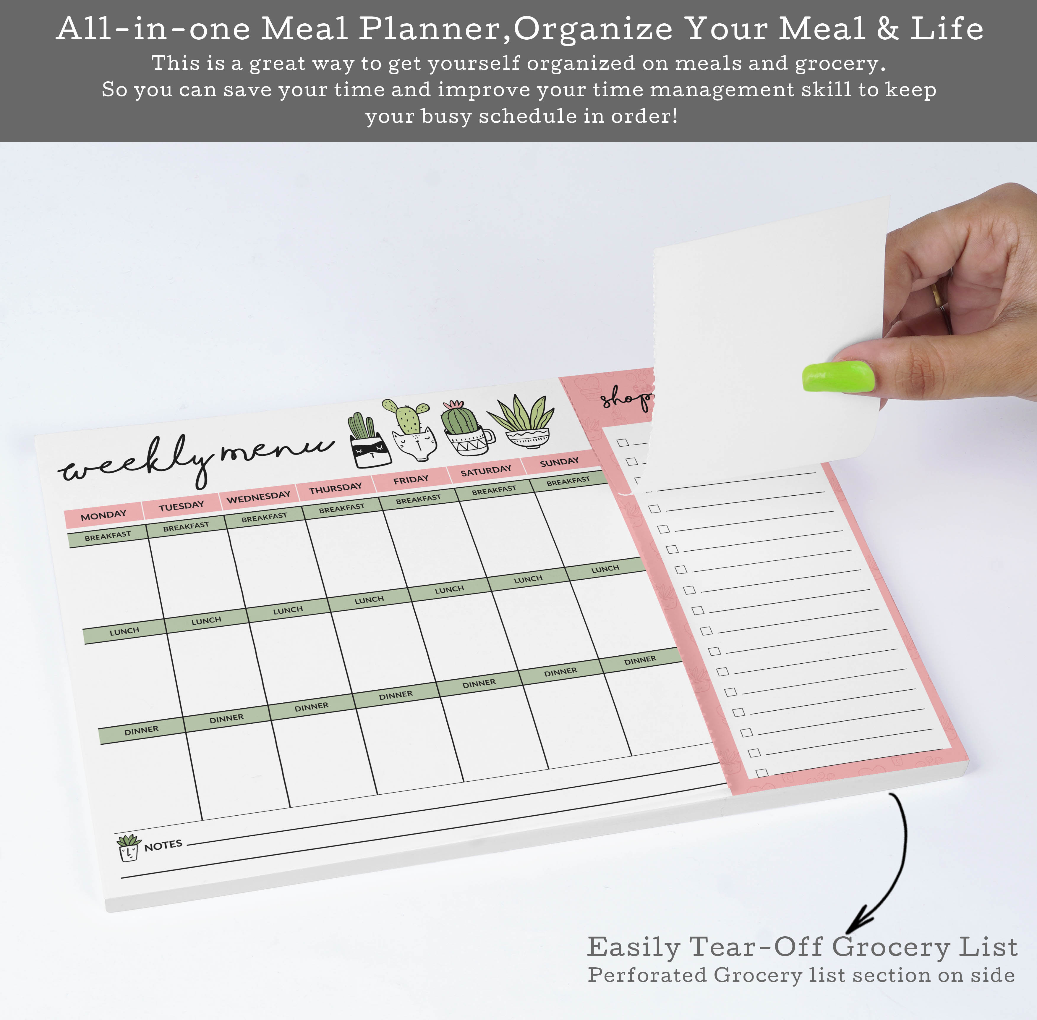 Inkdotpot Weekly Meal Planner Notepad 7"x10 , "Weekly Menu" Magnetic Meal Planning Pad with Tear Off Grocery Shopping List for Fridge- Kitchen & Home - 54 Sheets -7P