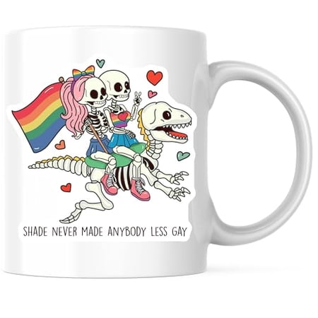 Bliss Monkey Co. Shade Never Made Anybody Less Gay Coffee Mug - Skeleton Pride Mug - Fun LGBTQ Design 11 Ounce Coffee Mug - Premium Ceramic - Design Printed On Both Sides - BMCM04391
