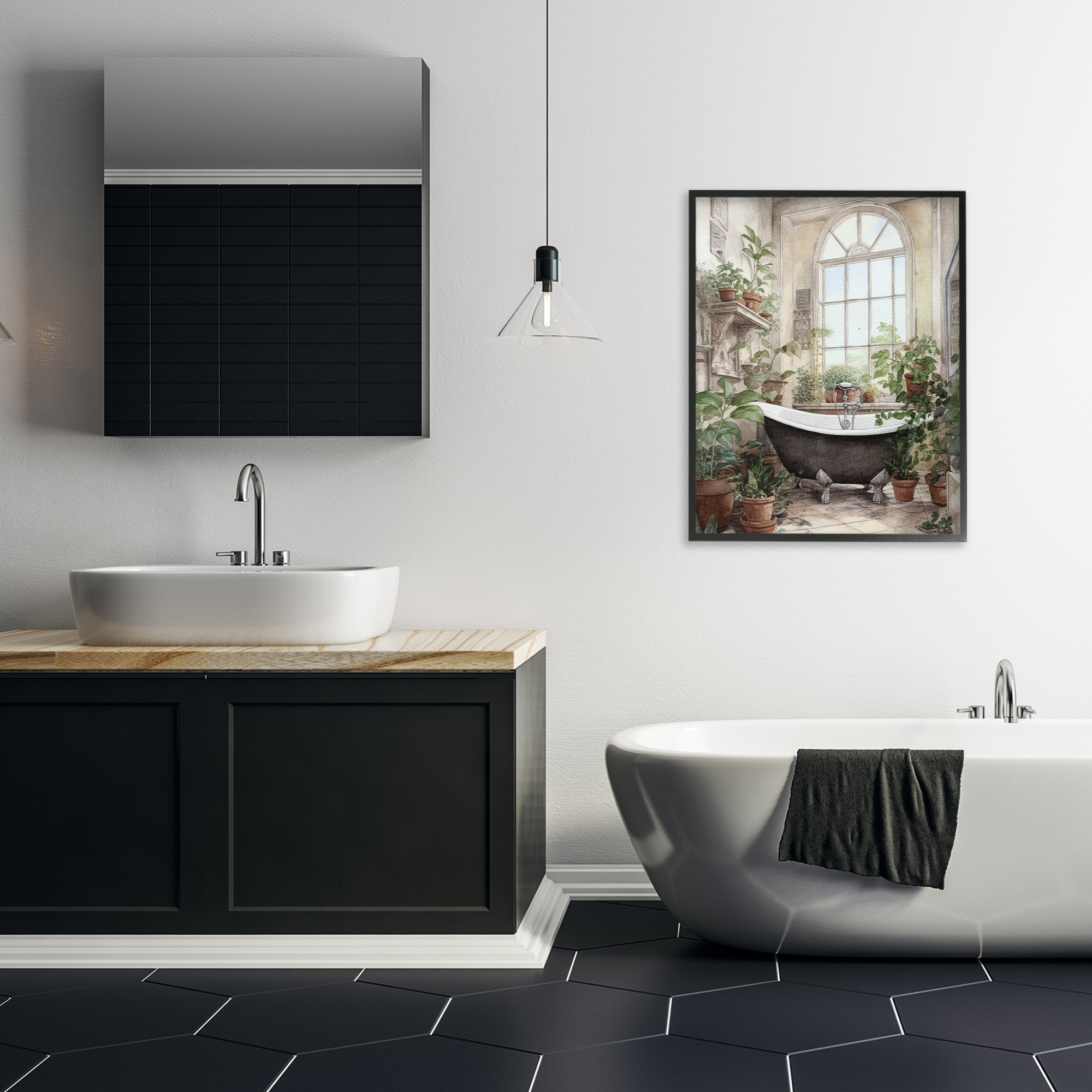 Vintage Sun Lit Bathtub Black Framed Giclee Art, design by Lettered and Lined