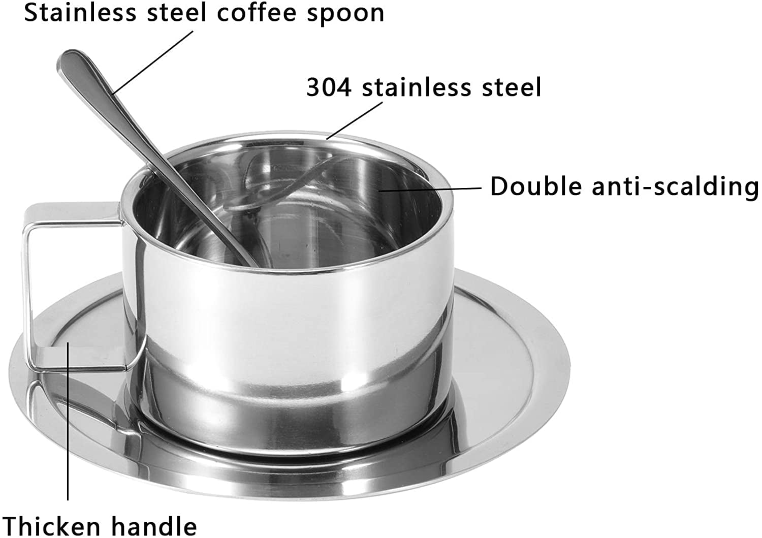 ABPETE Stainless Steel Coffee Cup Set, 200ml/7oz Insulated Coffee Cup Set Double Walled Mugs Milk Tea With Spoon Saucer for Coffee Latte Tea Milk