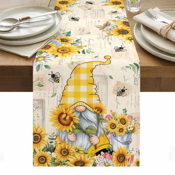 Sunflower Bee Table Runner - 120 Inch Long, Kitchen Dining Table Runner Dresser Scarves, Summer Gnomes Hydrangea Floral Farmhouse Decor for Coffee Tables Wedding Party Banquet