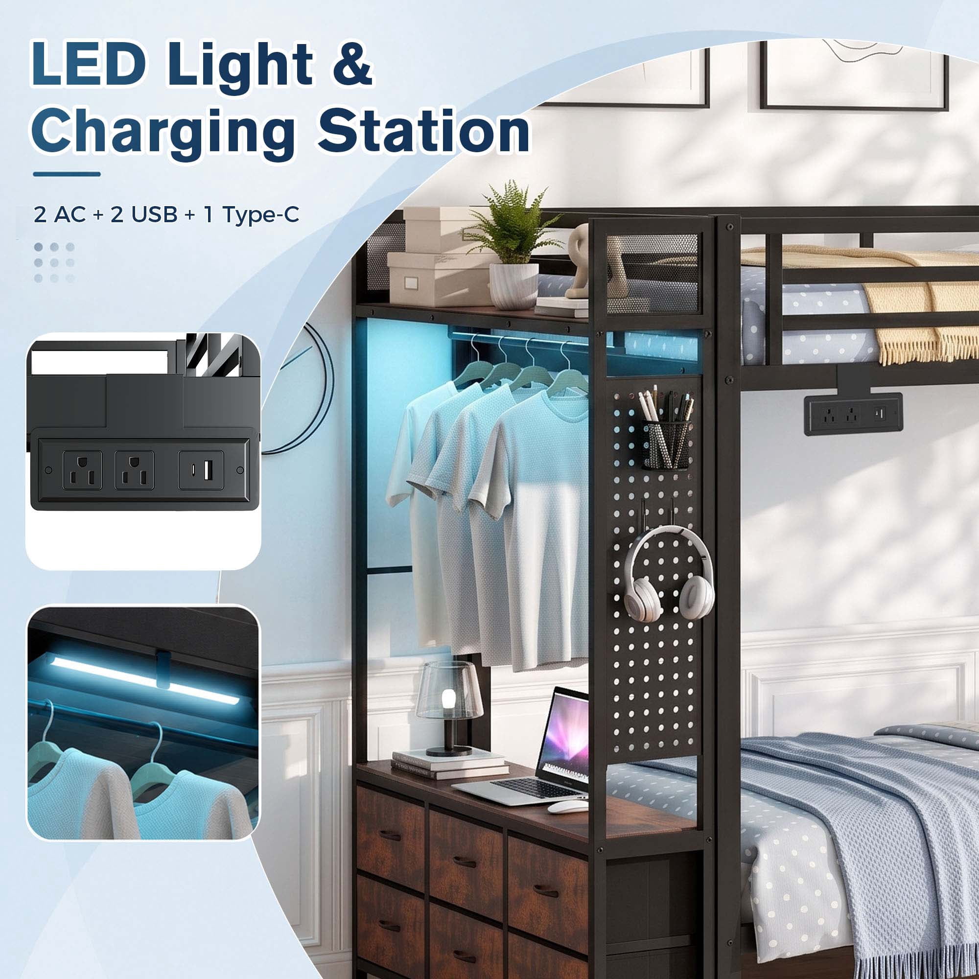 Miniyam Full Over Full Metal Bunk Bed with 6 Storage Drawers, LED Light and Charging Station, Black
