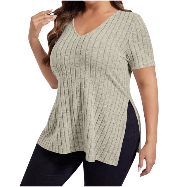 tarylea Womens Plus Size Tops Short Sleeve Sweater Casual V Neck Knit Tops Ribbed Knit Going out Tops Loose Fitted