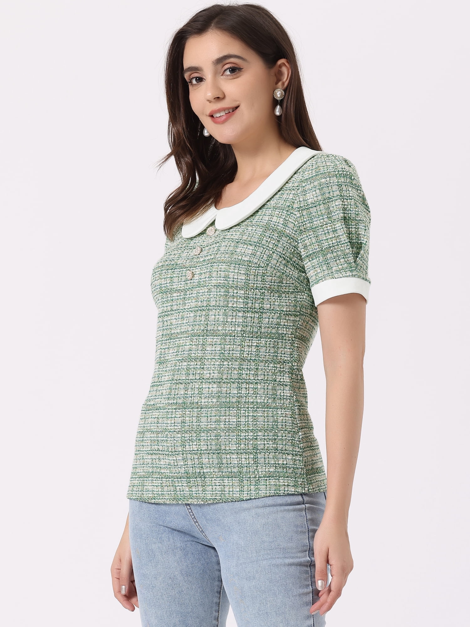 DARING DIVA Women's Peter Pan Collar Blouse Button Top Shirt L Green