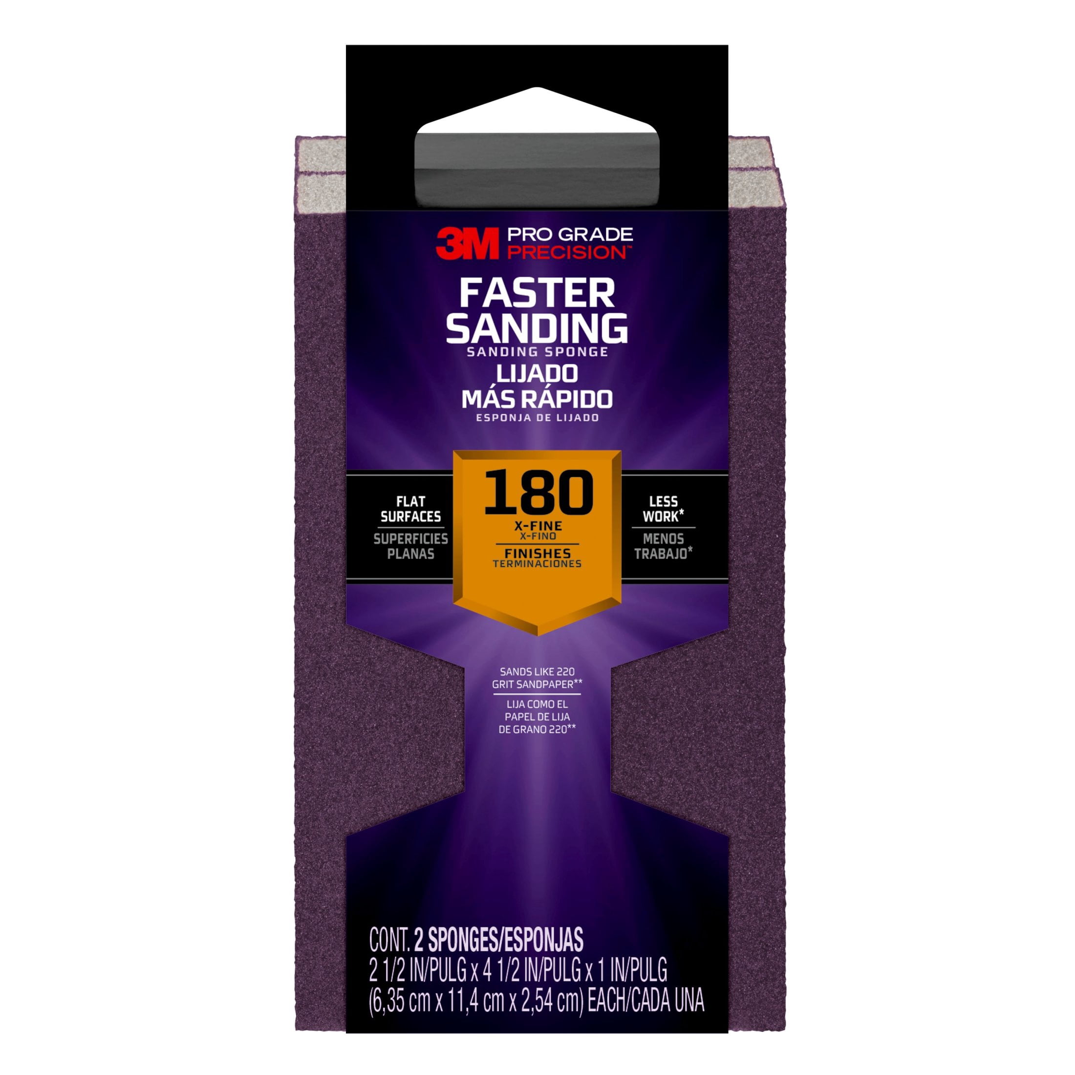 3M Pro Grade Precision Sanding Block, Faster Sanding, 2.5 in. x 4.5 in. x 1 in. , 180 Grit, X-Fine, 2 Sponges
