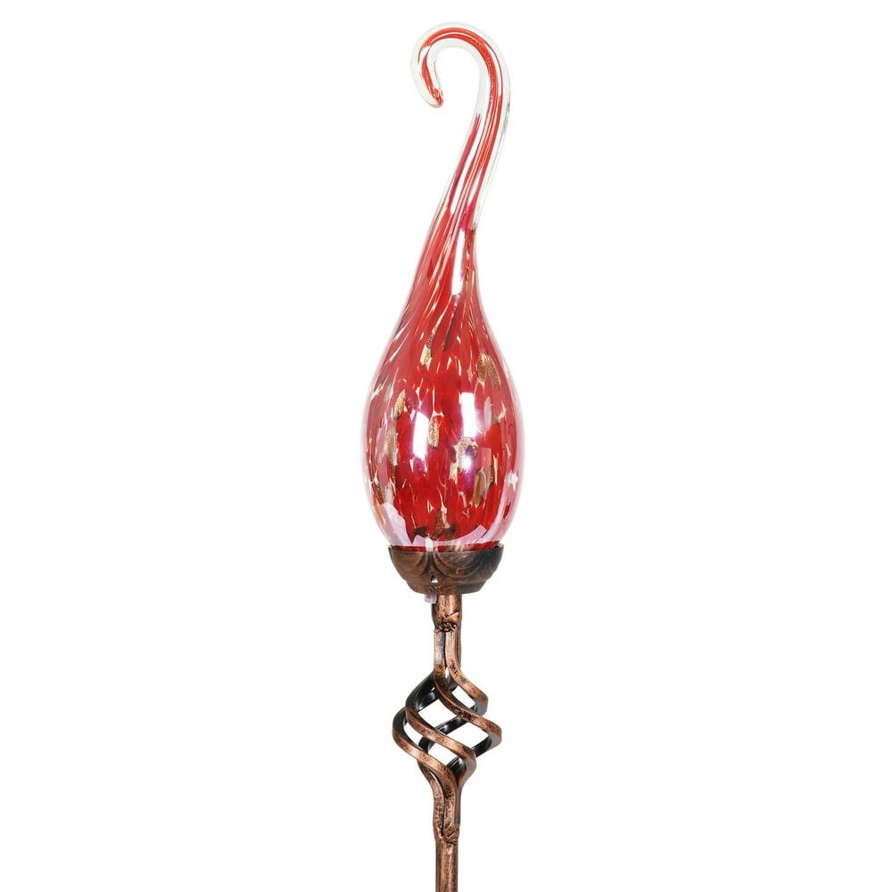 Exhart Solar Hand Blown Red Glass Spiral Flame Garden Stake With Metal 