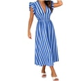thumbnail image 2 of Ovbmpzd Blue Summer Dresses for Women 2026 Striped Tea-Length Peasant Maxi Dresses Sleeveless V-Neck Casual Dresses Womens Dresses,L, 2 of 6