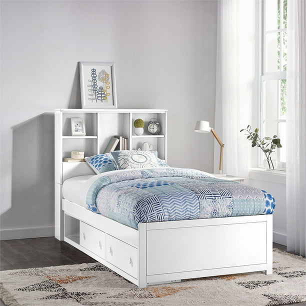 Ne Kids Caspian Wood Bookcase Twin Bed, White Twin Bed With Bookcase Headboard And Storage