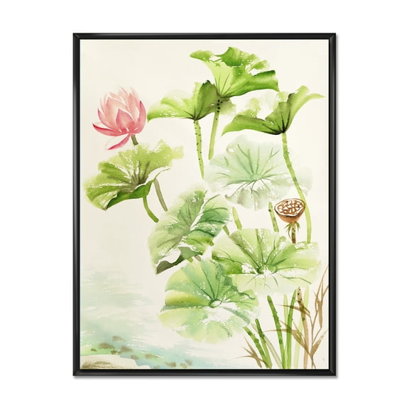 Designart 'Ancient Pink Lotuses In The Pond IV' Traditional Framed Canvas Wall Art Print