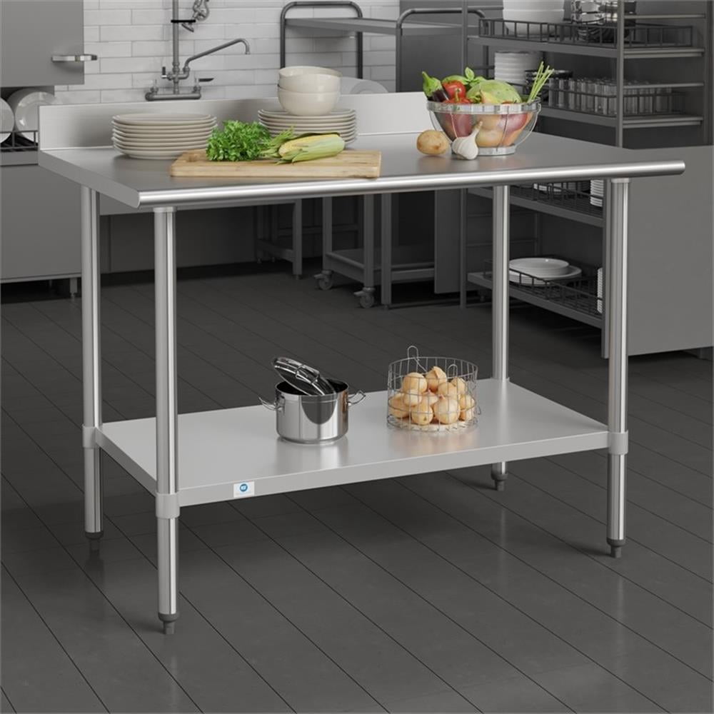 Pemberly Row Stainless Steel Kitchen Prep & Work Table with Shelf & Backsplash