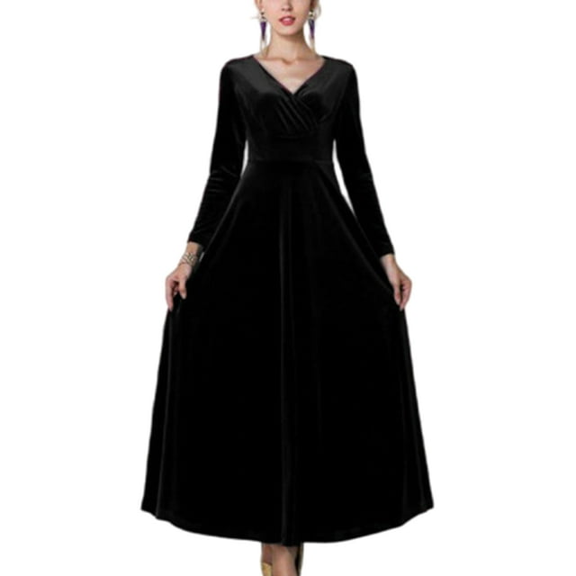 Innerwin Robe Ligne Couleur Unie Femmes Robes Maxi Vacances Manches Longues Ample Noir 2TG