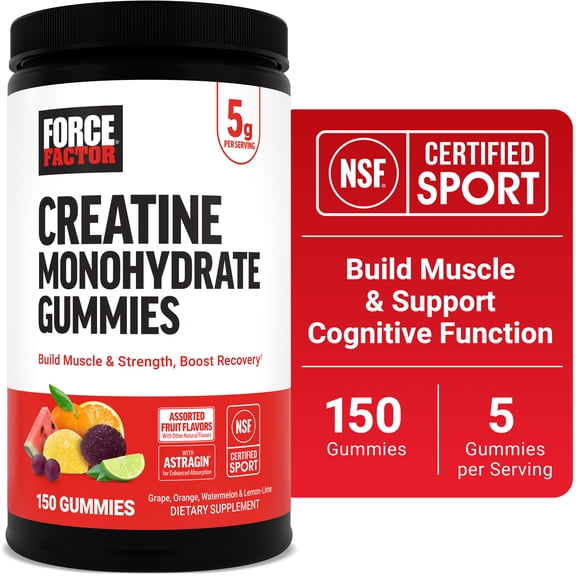 Force Factor Creatine Monohydrate Gummies, NSF Certified, 5g Dose for Men & Women to Support Muscle, Strength, Recovery, Cognitive Health & Memory, Assorted Fruit Flavors, 150 Gummies