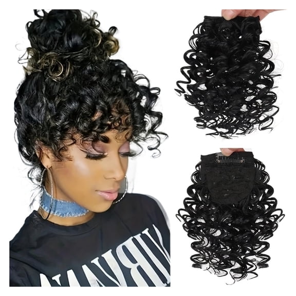 Curly Bangs Clip-On Hair Piece Natural Black Fringe Extensions for Women