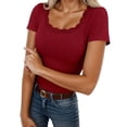 thumbnail image 2 of Basic Plain T Shirts for Women Summer Casual Short Sleeve Square Neck Lace Neckline Slim Fit Ribbed Tshirts Blouse, 2 of 4