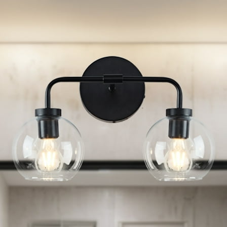 Modern Round Clear Glass Globe Black Double Metal Vanity Light, Hand-Polished Wall Lamp, Blow Glass Sconce over Mirror, for Hallway, Entryway