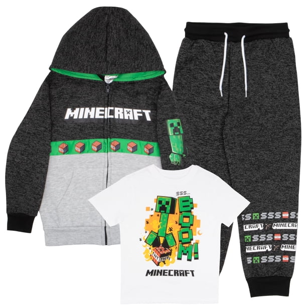 Conjunto de 3 Piezas para Niños Minecraft: Sudadera con Capucha, Camiseta y Pantalones Gris Talla 8